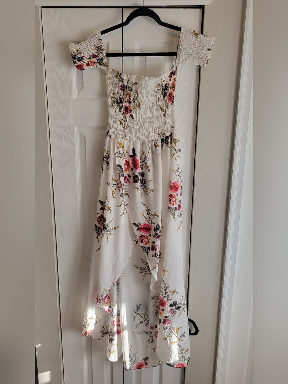 Smocked Floral High-Low Medium Dress - White with Pink Roses